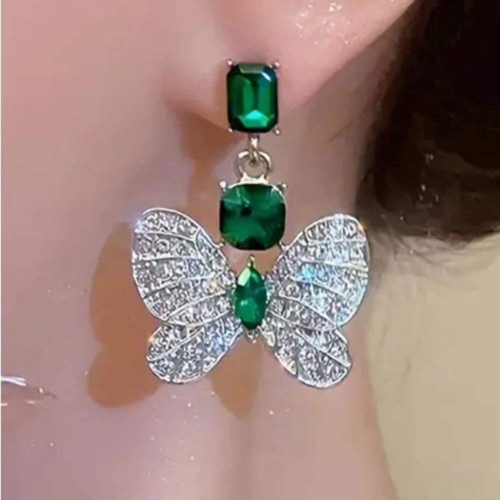 Stunning Green and Silver Butterfly Earrings
